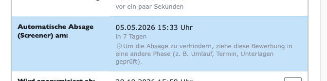 Hinweis in der Bewerber-Akte zur automatischen Screener-Absage